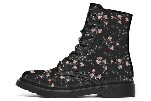 Black boots with a white floral pattern