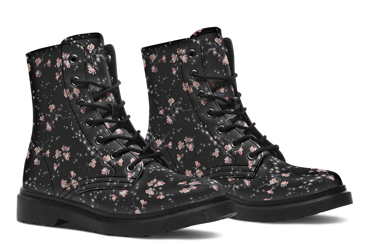 Black boots with a white floral pattern