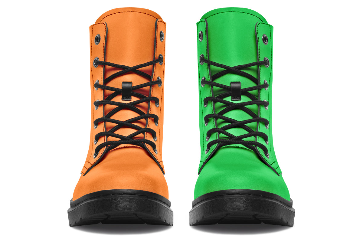 Mismatched boots, one all orange and one all green. Boots have a black sole and black laces.