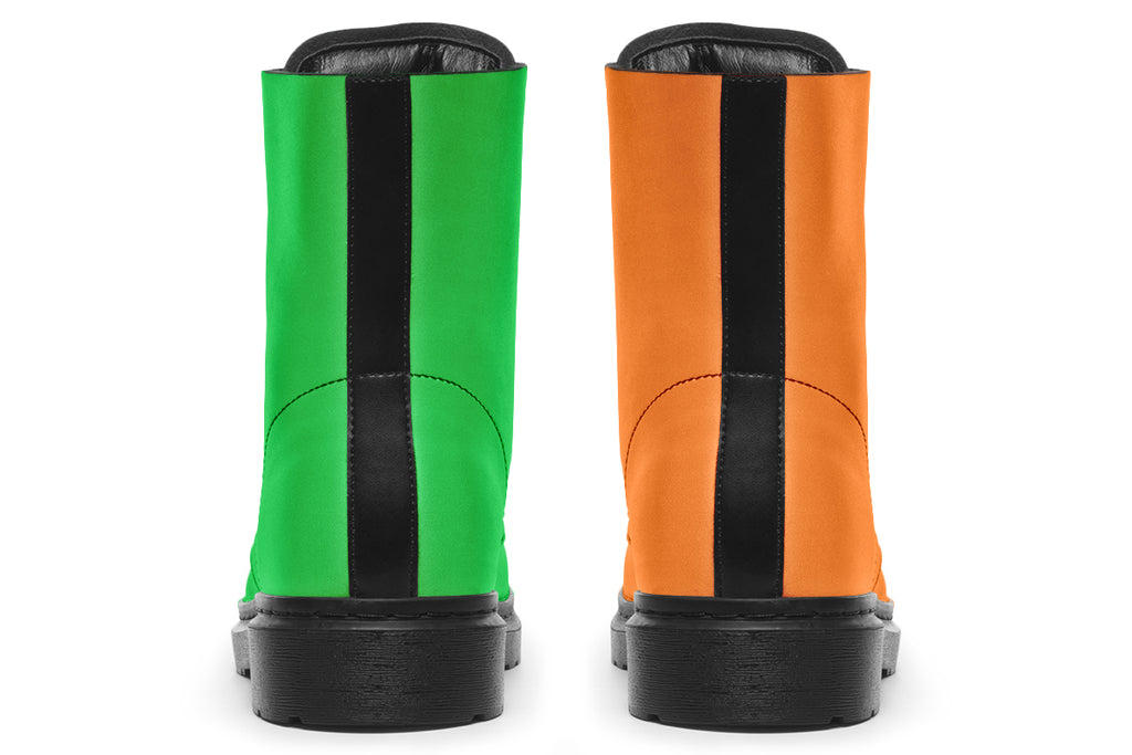 Mismatched boots, one all orange and one all green. Boots have a black sole and black laces.