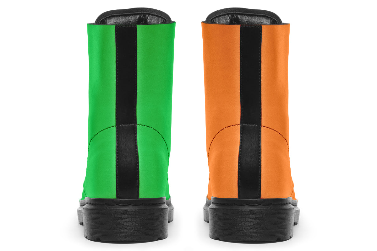 Mismatched boots, one all orange and one all green. Boots have a black sole and black laces.