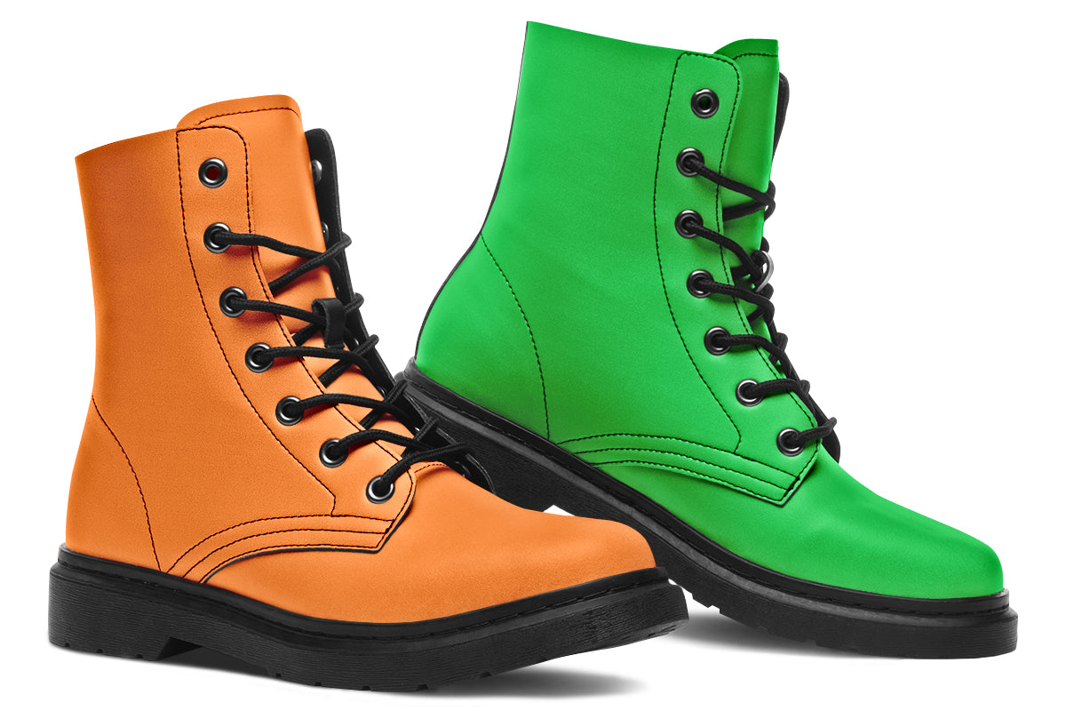 Mismatched boots, one all orange and one all green. Boots have a black sole and black laces.