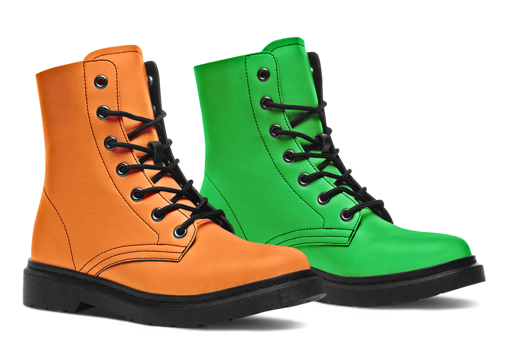 Mismatched boots, one all orange and one all green. Boots have a black sole and black laces.