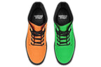 Mismatched boots, one all orange and one all green. Boots have a black sole and black laces.