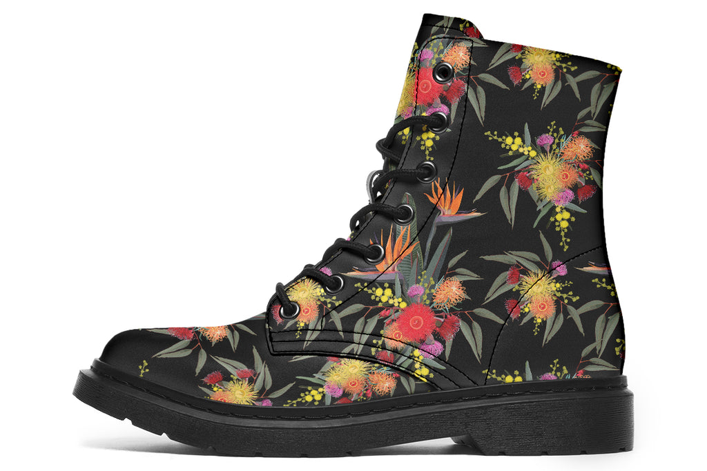 Black boots with a Bird Of Paradise floral pattern.