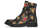 Black boots with a Bird Of Paradise floral pattern.