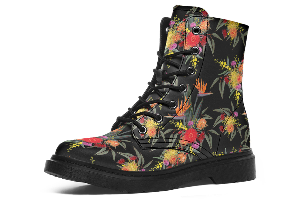 Black boots with a Bird Of Paradise floral pattern.