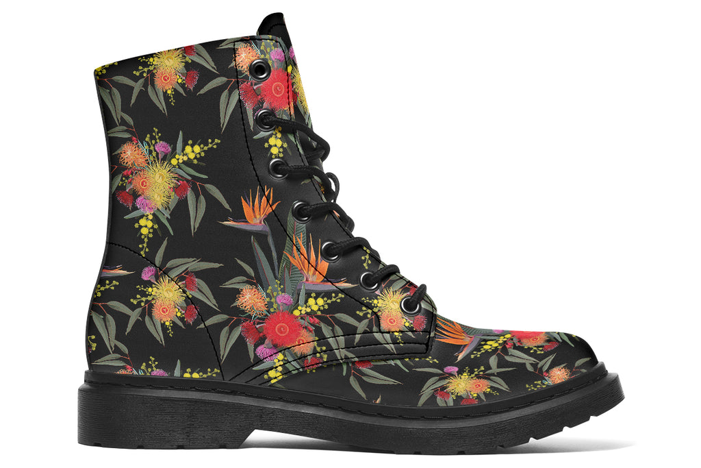 Black boots with a Bird Of Paradise floral pattern.