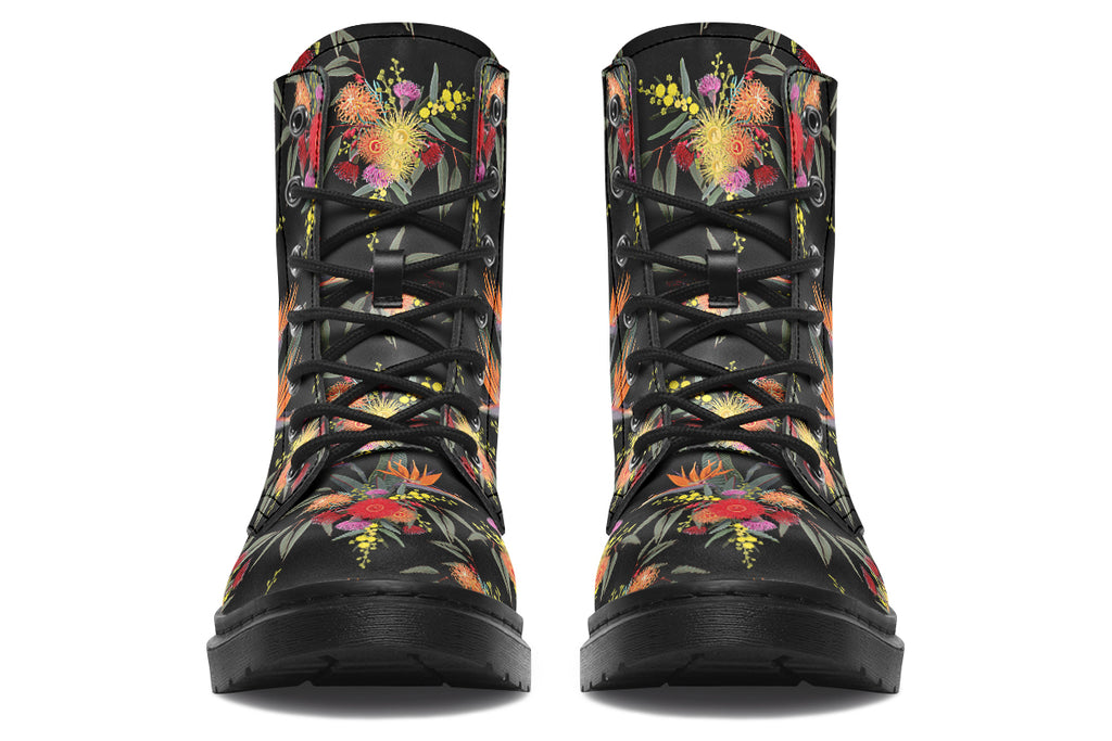 Black boots with a Bird Of Paradise floral pattern.