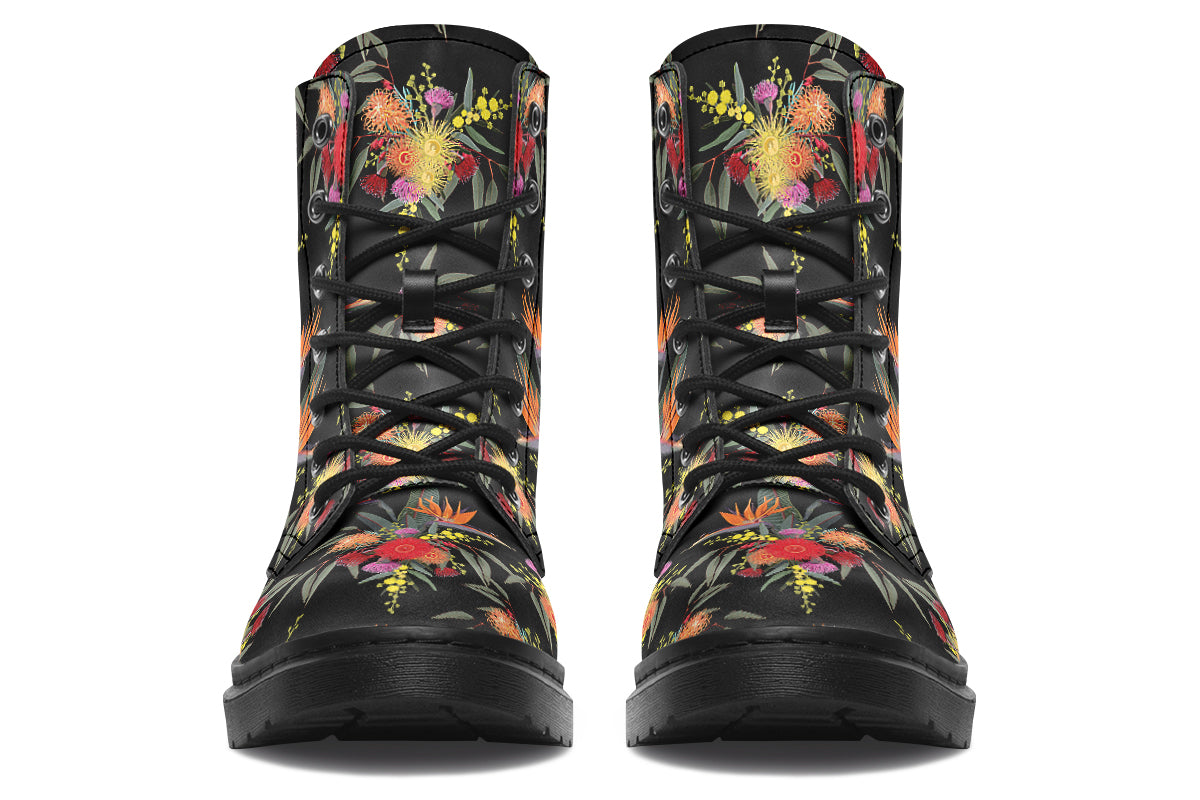 Black boots with a Bird Of Paradise floral pattern.