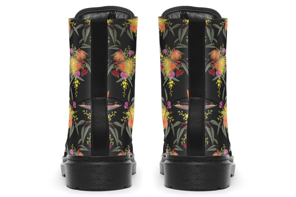 Black boots with a Bird Of Paradise floral pattern.