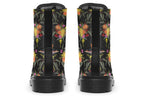 Black boots with a Bird Of Paradise floral pattern.