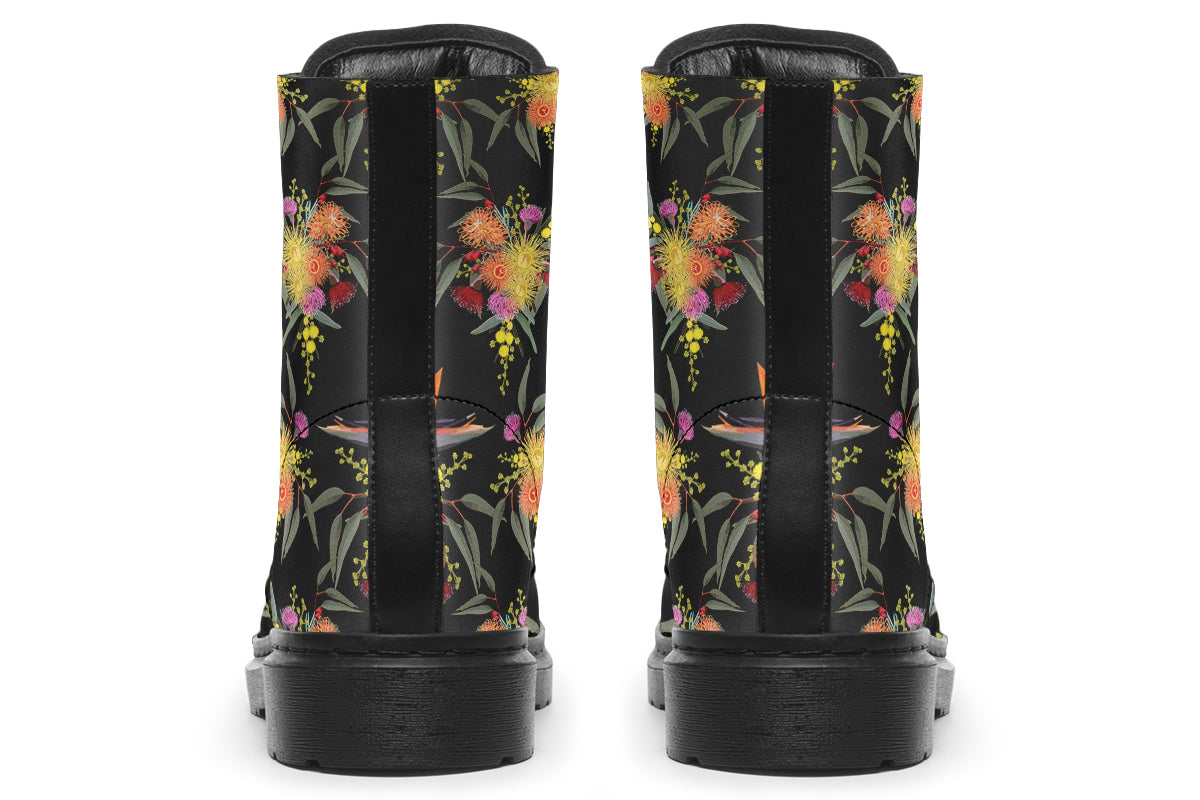 Black boots with a Bird Of Paradise floral pattern.