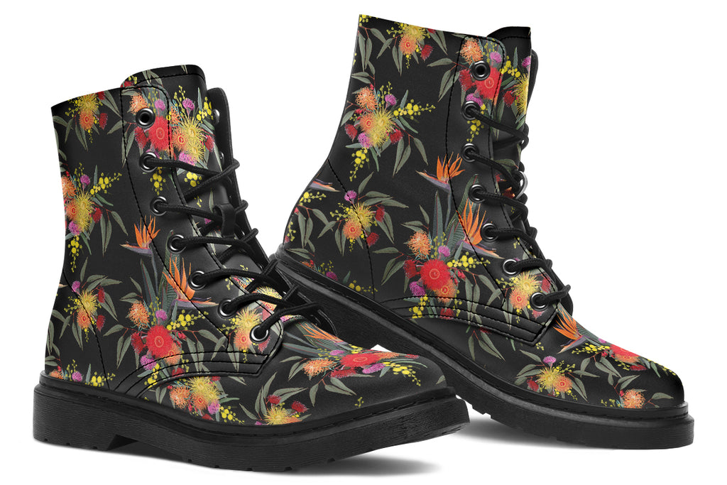 Black boots with a Bird Of Paradise floral pattern.