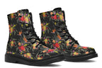 Black boots with a Bird Of Paradise floral pattern.