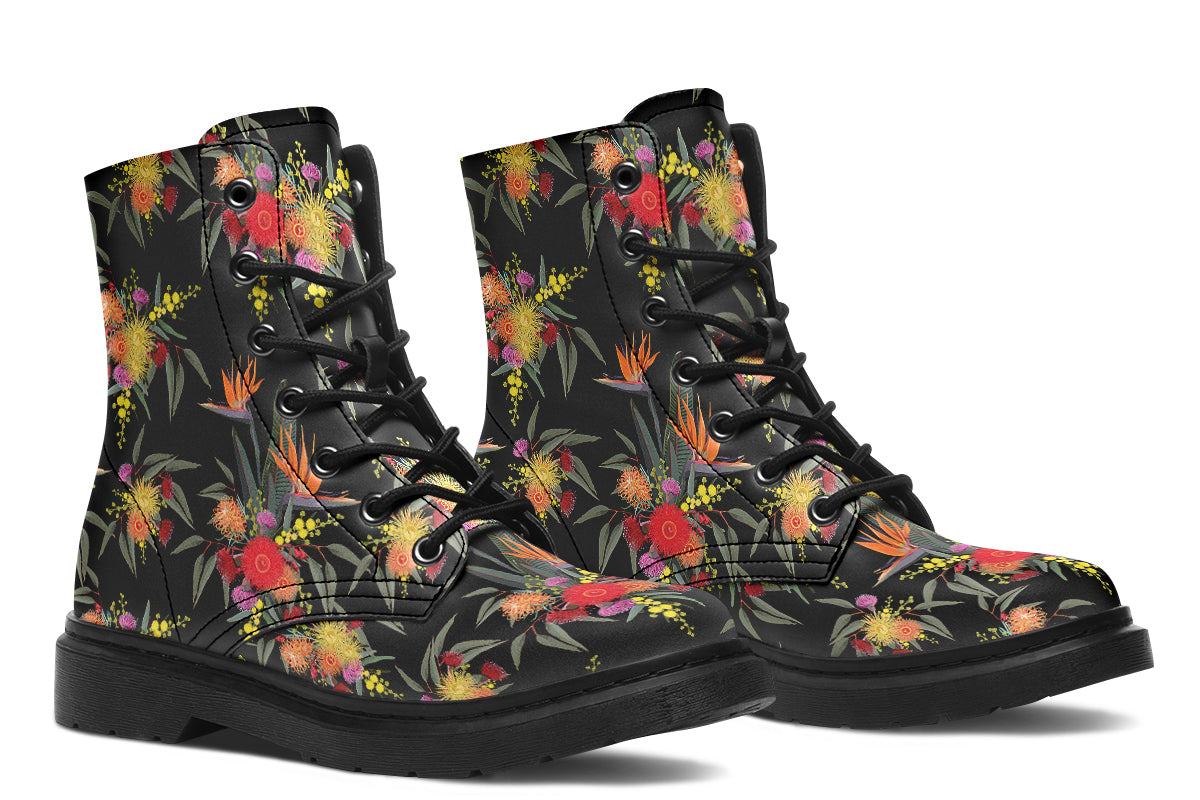 Black boots with a Bird Of Paradise floral pattern.