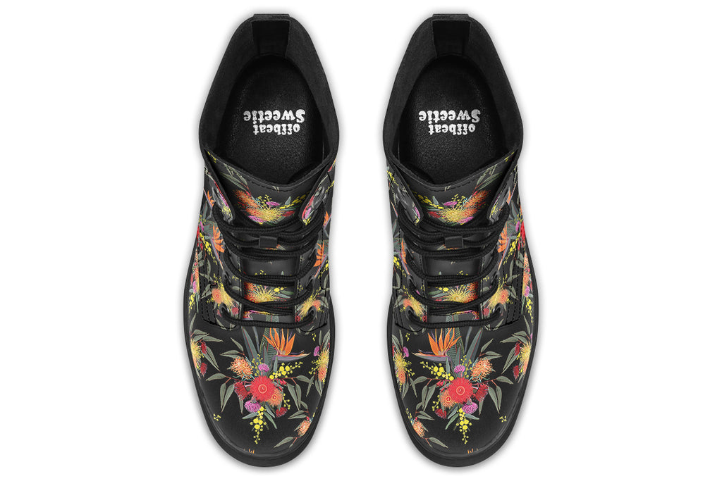 Black boots with a Bird Of Paradise floral pattern.