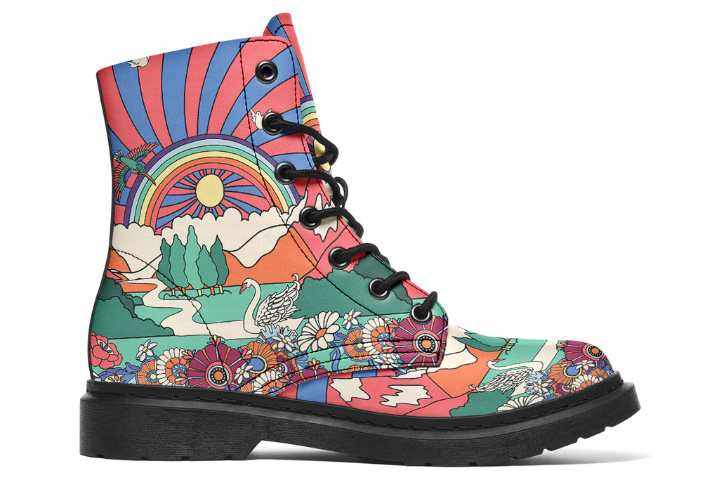 Mismatched boots with 60’s style psychedelic landscape imagery. One says “All You Need Is Peace” and the other says “Give Love A Chance”