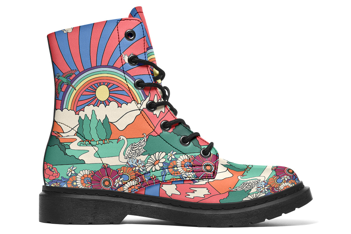 Mismatched boots with 60’s style psychedelic landscape imagery. One says “All You Need Is Peace” and the other says “Give Love A Chance”
