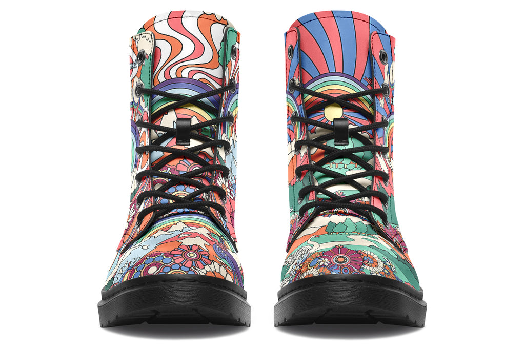 Mismatched boots with 60’s style psychedelic landscape imagery. One says “All You Need Is Peace” and the other says “Give Love A Chance”