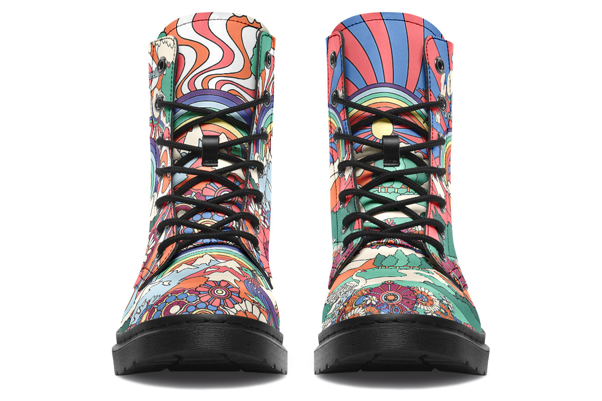 Mismatched boots with 60’s style psychedelic landscape imagery. One says “All You Need Is Peace” and the other says “Give Love A Chance”