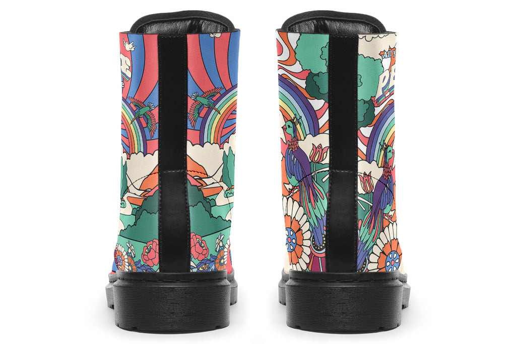 Mismatched boots with 60’s style psychedelic landscape imagery. One says “All You Need Is Peace” and the other says “Give Love A Chance”