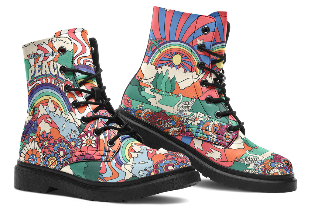 Mismatched boots with 60’s style psychedelic landscape imagery. One says “All You Need Is Peace” and the other says “Give Love A Chance”
