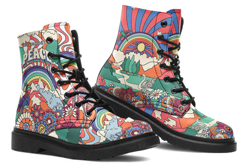 Mismatched boots with 60’s style psychedelic landscape imagery. One says “All You Need Is Peace” and the other says “Give Love A Chance”
