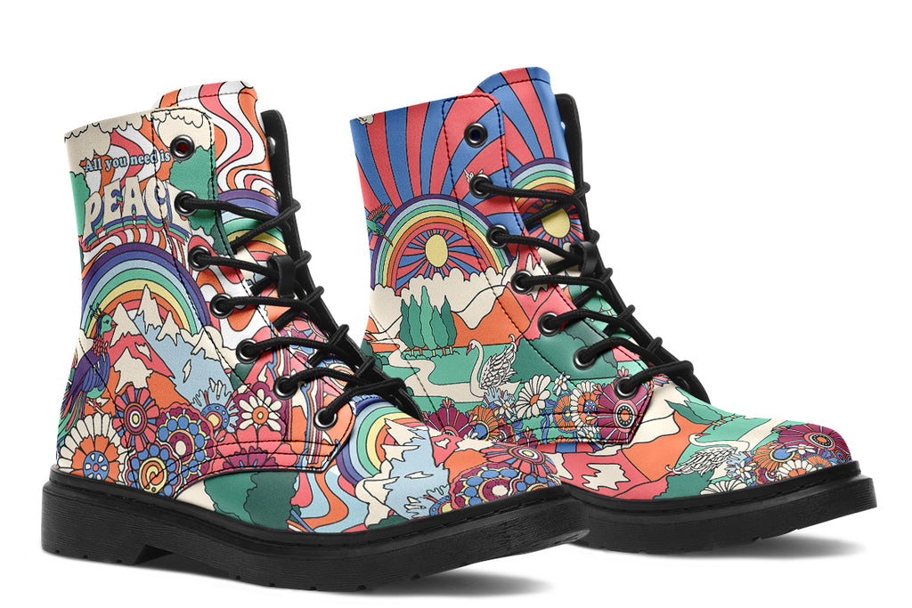 Mismatched boots with 60’s style psychedelic landscape imagery. One says “All You Need Is Peace” and the other says “Give Love A Chance”