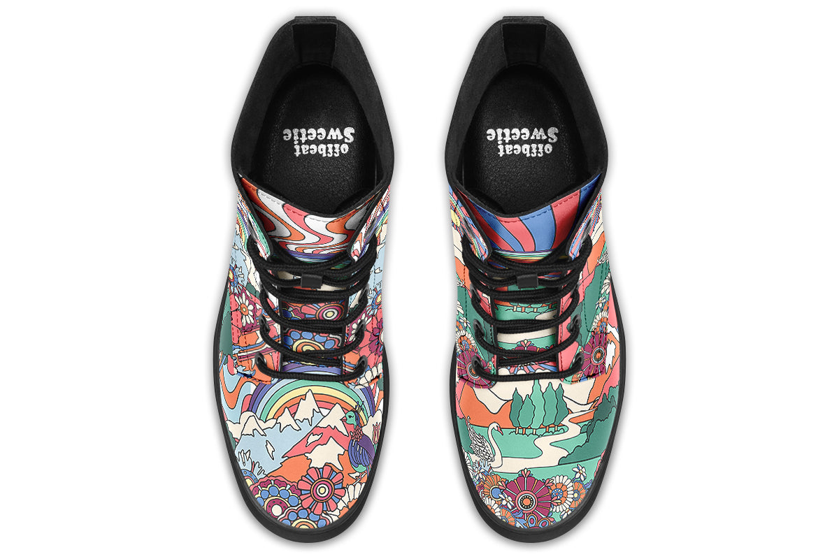 Mismatched boots with 60’s style psychedelic landscape imagery. One says “All You Need Is Peace” and the other says “Give Love A Chance”