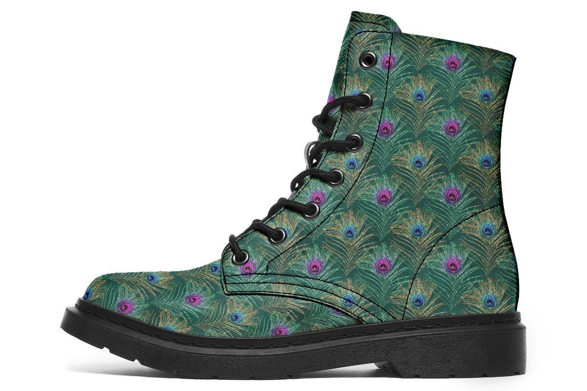 Boots featuring a green peacock feather design. The feathers have pink or blue accents.