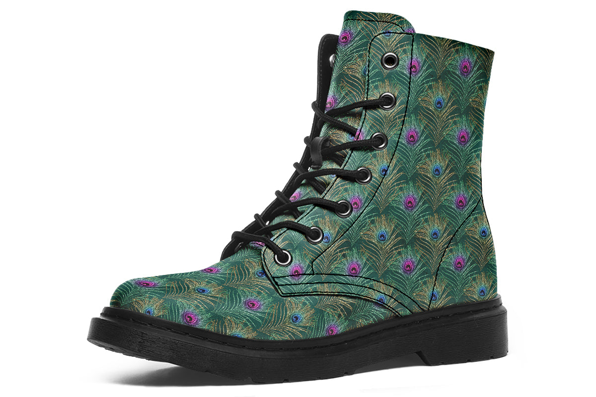 Boots featuring a green peacock feather design. The feathers have pink or blue accents.