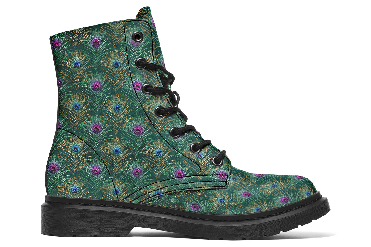 Boots featuring a green peacock feather design. The feathers have pink or blue accents.