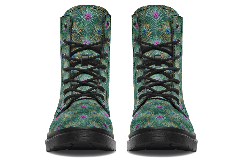 Boots featuring a green peacock feather design. The feathers have pink or blue accents.