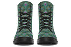 Boots featuring a green peacock feather design. The feathers have pink or blue accents.