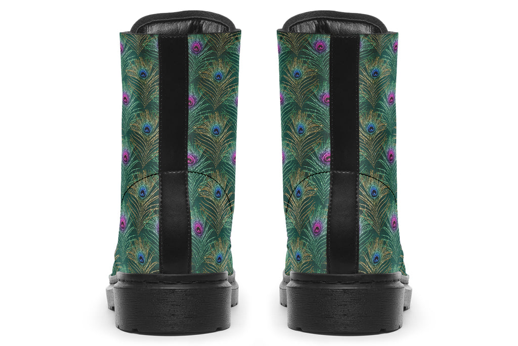 Boots featuring a green peacock feather design. The feathers have pink or blue accents.