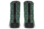 Boots featuring a green peacock feather design. The feathers have pink or blue accents.