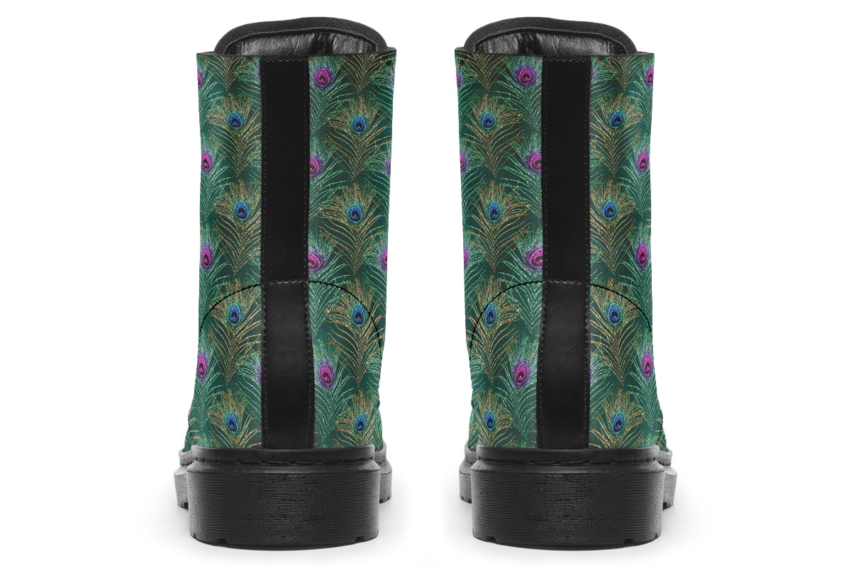 Boots featuring a green peacock feather design. The feathers have pink or blue accents.