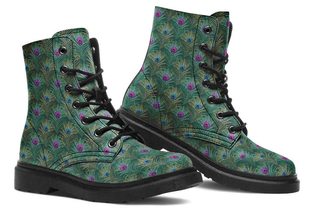 Boots featuring a green peacock feather design. The feathers have pink or blue accents.