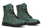 Boots featuring a green peacock feather design. The feathers have pink or blue accents.