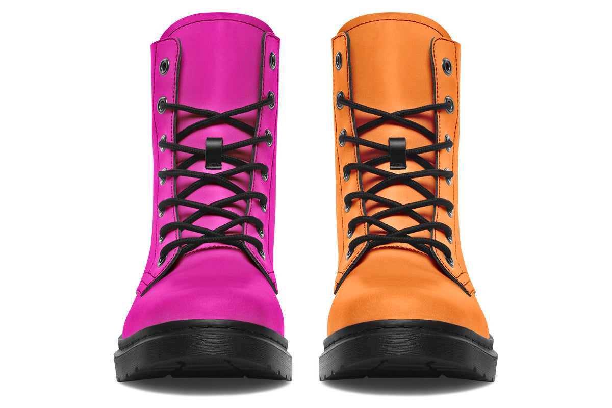 Mismatched boots, one all orange and one all pink.