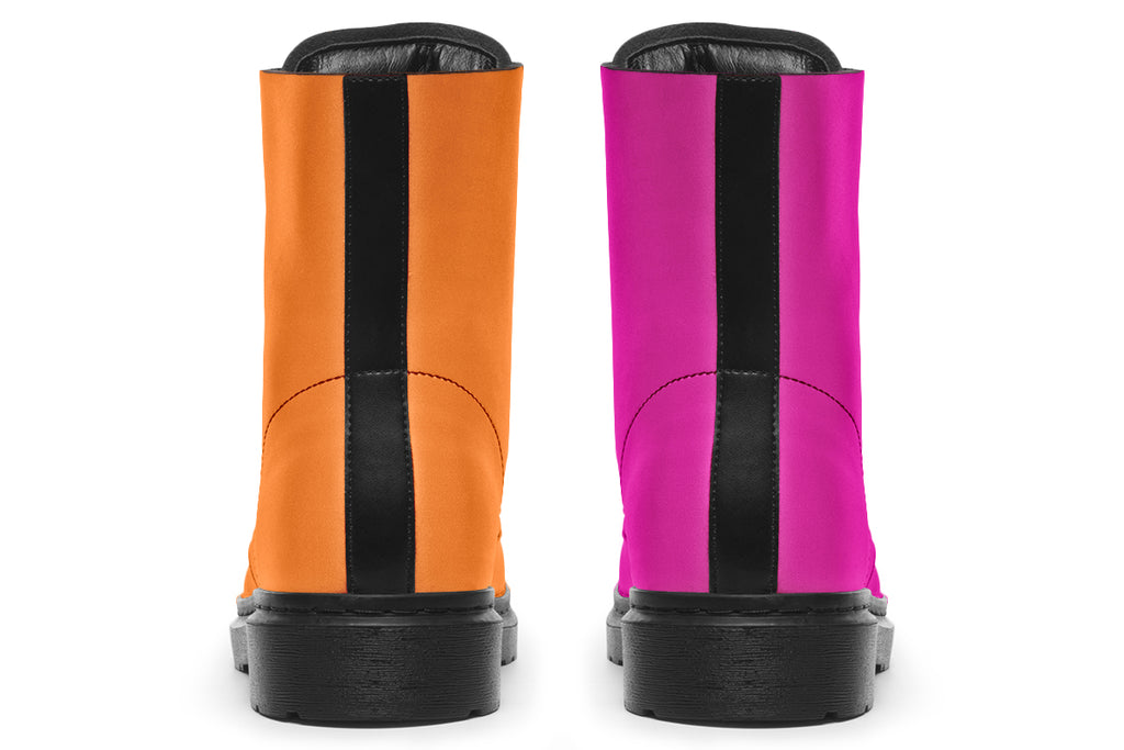 Mismatched boots, one all orange and one all pink.