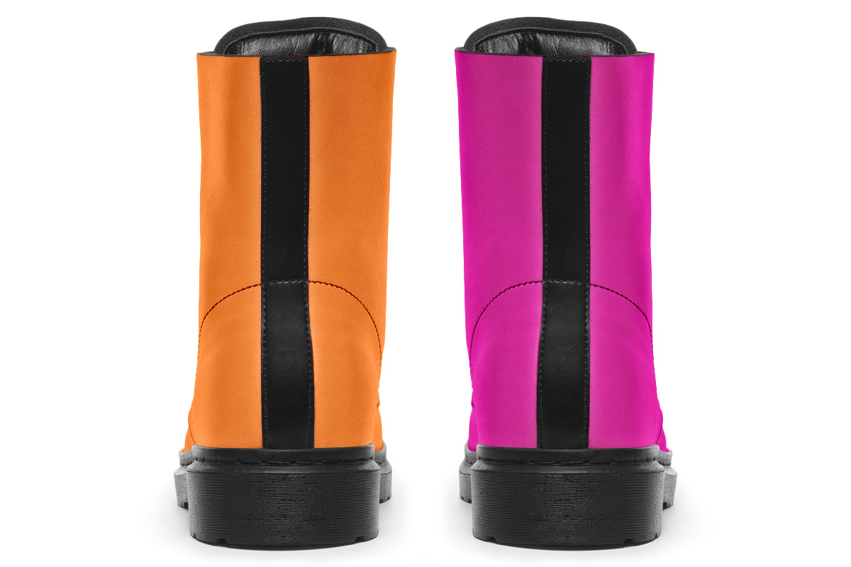 Mismatched boots, one all orange and one all pink.