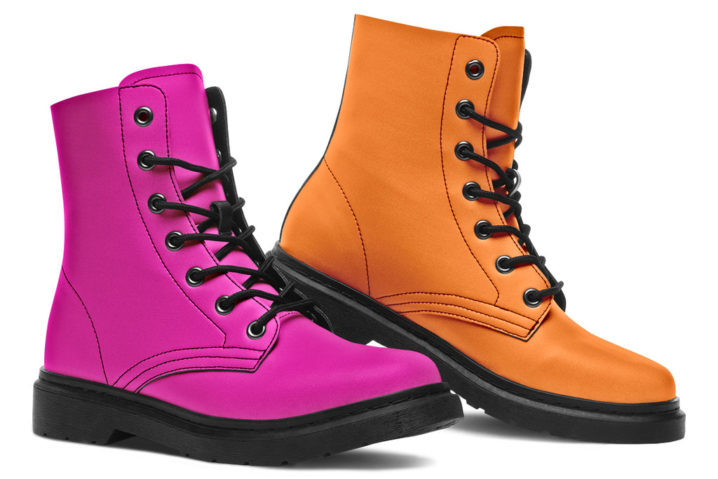 Mismatched boots, one all orange and one all pink.