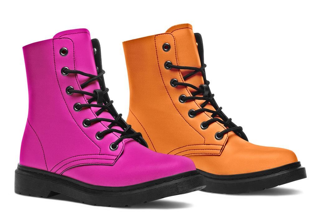 Mismatched boots, one all orange and one all pink.