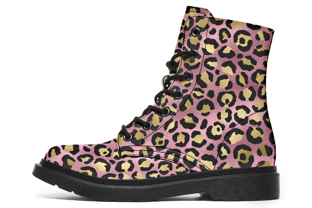 Boots with a textured-looking blush pink background and gold leopard prints