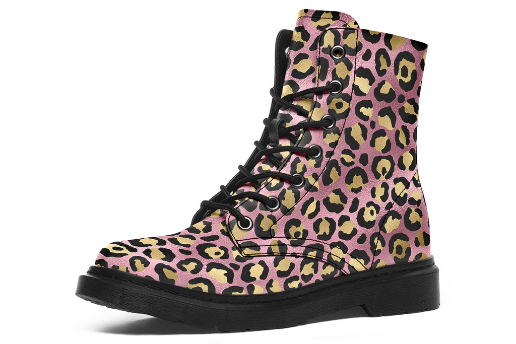 Boots with a textured-looking blush pink background and gold leopard prints