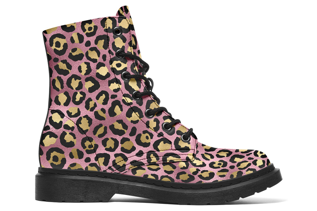 Boots with a textured-looking blush pink background and gold leopard prints
