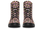 Boots with a textured-looking blush pink background and gold leopard prints