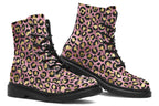 Boots with a textured-looking blush pink background and gold leopard prints